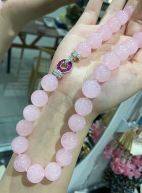 14MM天然樱花粉色粉晶锁骨链项链女颗颗打结小众清新锁骨链简约