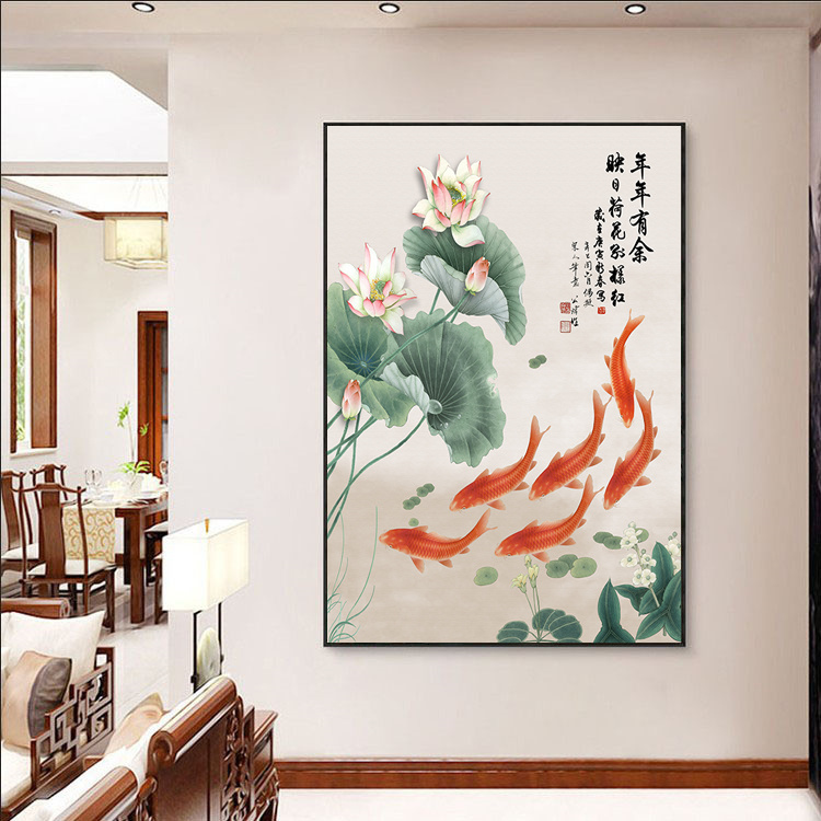 轻奢玄关装饰画六鱼图现代简约竖版走廊过道壁画入户进门客厅挂画-图2