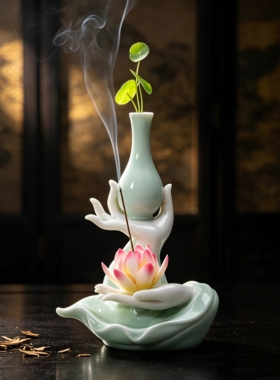 新中式禅意创意佛手莲花办公室摆件家居客厅博古架陶瓷香插花瓶