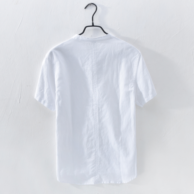 夏季圆领亚麻短袖T恤男士套头立领中国风棉麻料衬衫白色薄衬衣潮-图2