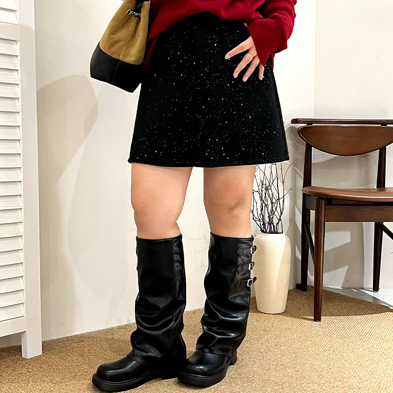 大码女装高腰a字裙休闲百搭半裙2025冬胖mm亮片宽松直筒裙NQ1290 - 图0