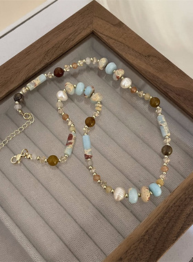 珍珠女天然石项链锁骨链新中式