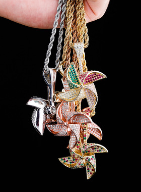 立体设计彩钻满钻风车吊坠项链