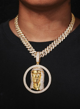 欧美美式满钻圆环人物吊坠项链