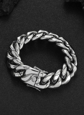 龙虾扣插口钛钢金色古巴手链