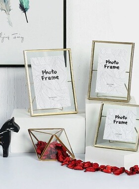 北欧创意ins风几何金属色玻璃相画框桌面摆件铁艺照片家居装饰品