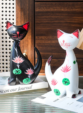 北欧彩绘木质情侣猫咪摆件家居创意样板间酒柜装饰工艺礼品摆设