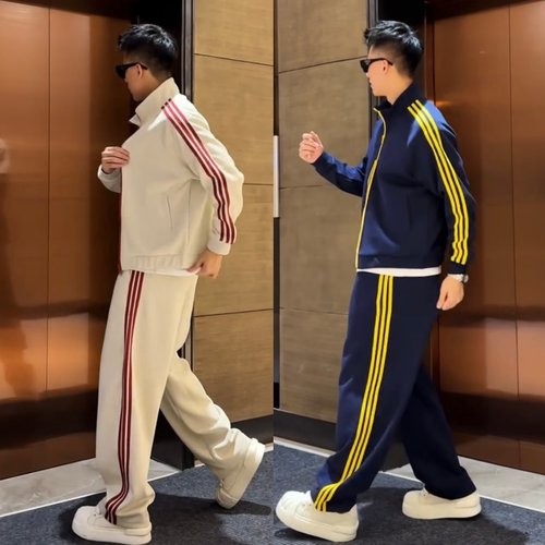 秋季美式潮牌条纹撞色空气层休闲套装男士立领夹克外套长裤两件套 - 图0