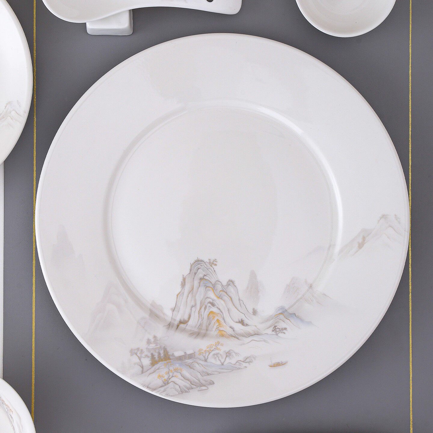 国风山水陶瓷骨碟汤碗勺套装酒店餐厅摆台餐具饭店包间招待七件套