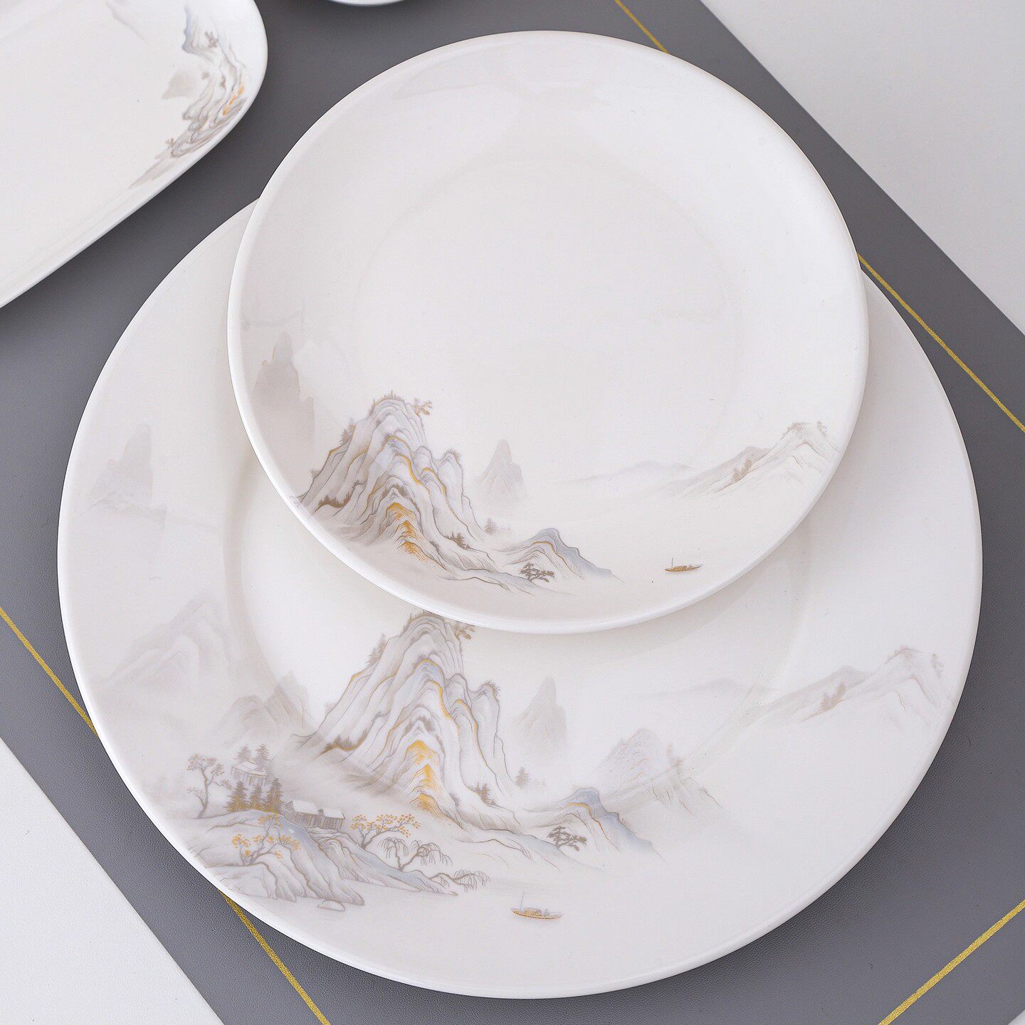 国风山水陶瓷骨碟汤碗勺套装酒店餐厅摆台餐具饭店包间招待七件套