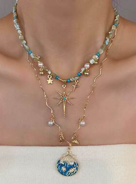 新款复古串珠叠戴项链女波西米亚轻奢小众个性夸张时尚锁骨链配饰