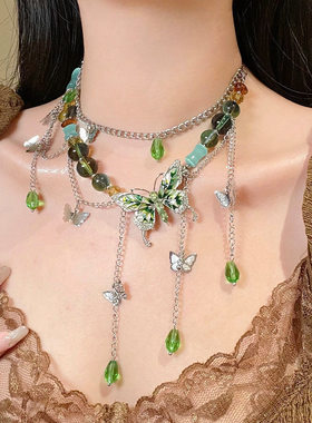 新款多层串珠镶钻滴油蝴蝶流项链轻奢时尚气质锁骨链个性百搭饰品
