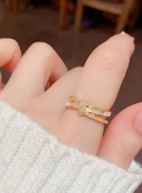 韩国东大门新款锆石双层开口戒指轻奢精致小众食指戒气质复古手饰