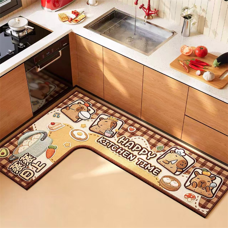 Cartoon L-shaped kitchen special floor mat diatom mud absorbs water and oil, non-slip, anti-oil, dirt-resistant and easy-care foot mat