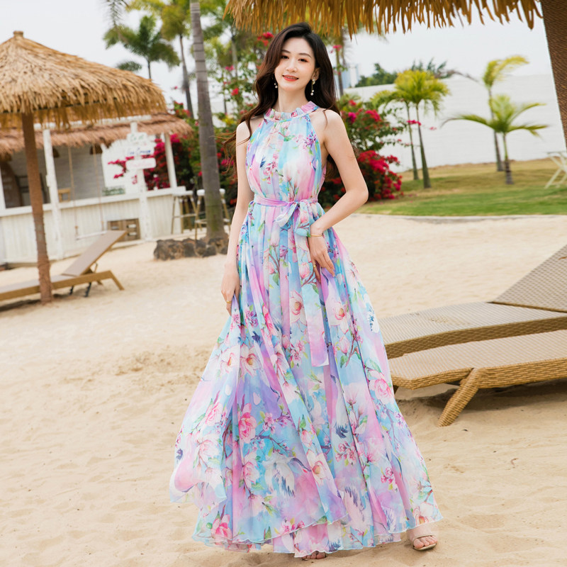 雪纺长裙沙滩裙吊带女夏大摆无袖超长挂脖印花连衣裙旅游度假裙子,淘宝优惠券,粉丝福利购,淘宝优惠卷