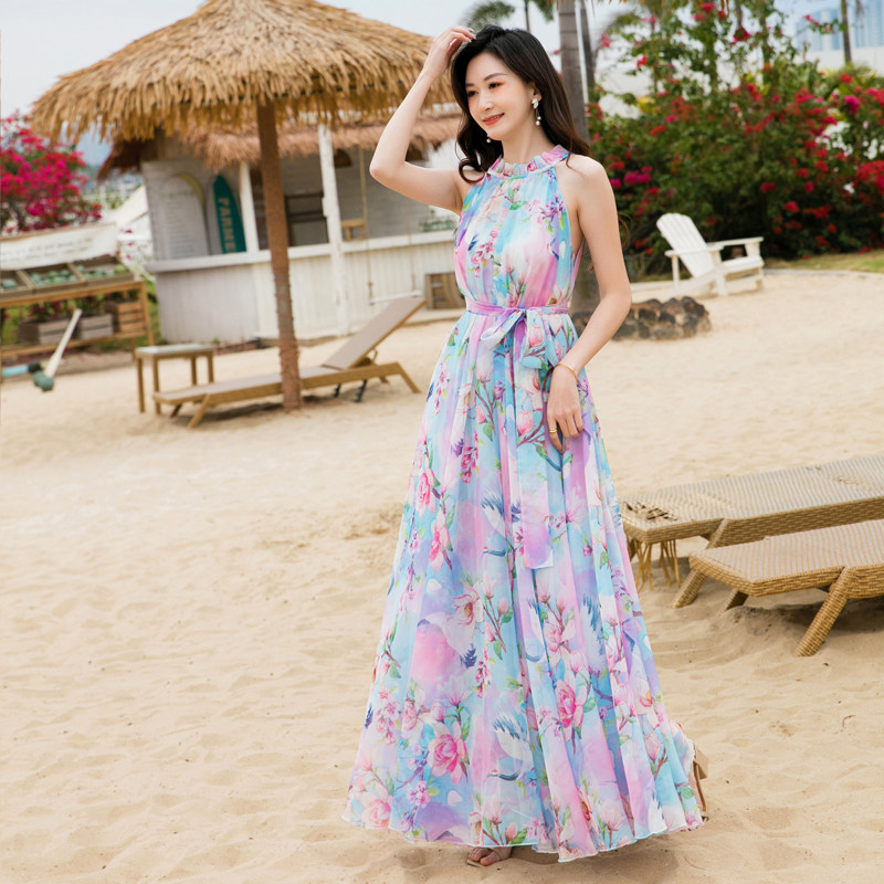 雪纺长裙沙滩裙吊带女夏大摆无袖超长挂脖印花连衣裙旅游度假裙子,淘宝优惠券,粉丝福利购,淘宝优惠卷
