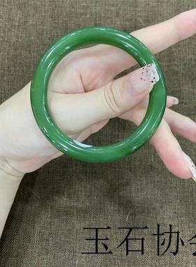 新疆和田玉色菠菜绿手镯少女款细圆条碧绿色精品翠绿玉石手镯送礼