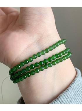 天然俄罗斯老料碧玉色小米珠手链正阳绿果绿玉手串菠菜绿和田玉款