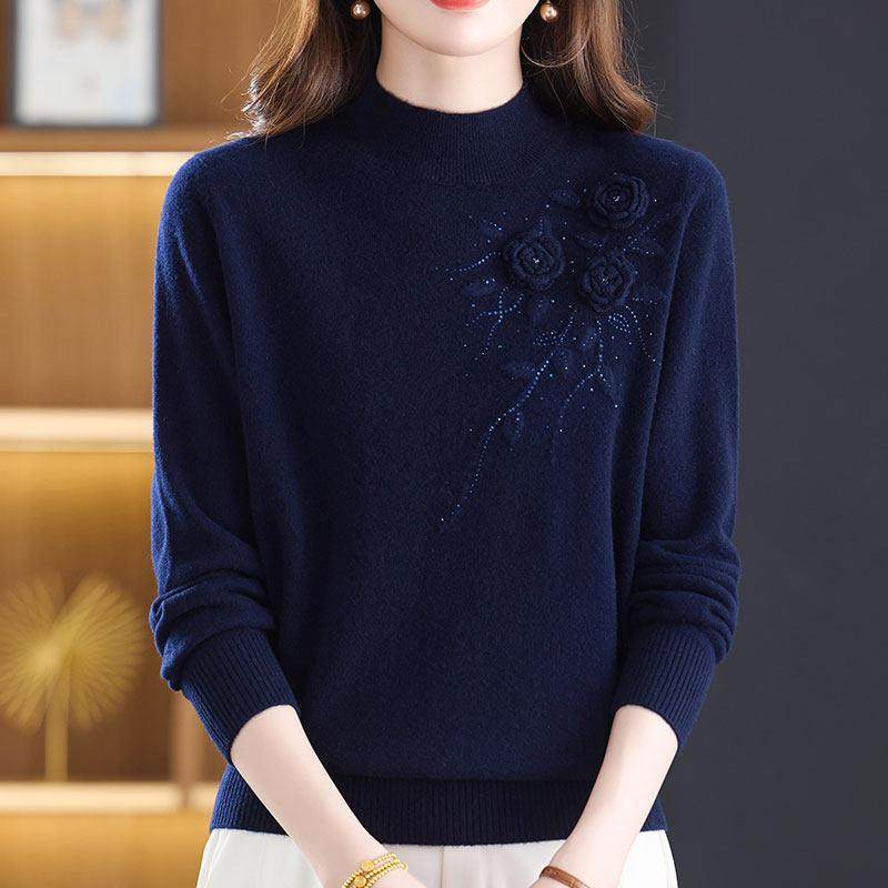 时尚中年妈妈100%羊绒毛衣女加厚秋冬半高领大码提花针织衫女上衣,淘宝优惠券,粉丝福利购,淘宝优惠卷