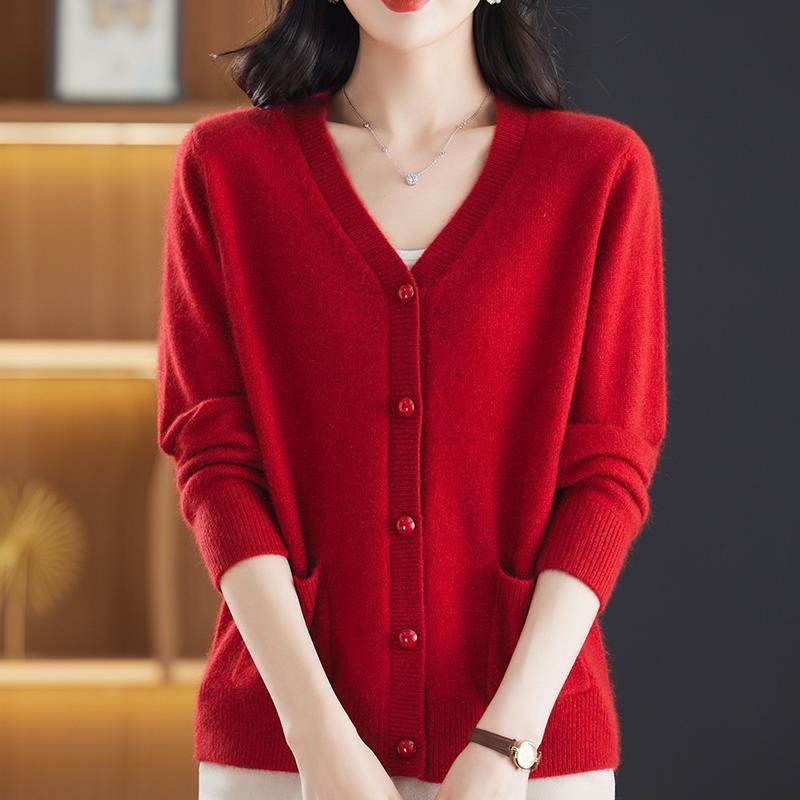 大码中年羊绒衫毛衣女开衫秋冬加厚时尚妈妈V领纯色针织衫外套女,淘宝优惠券,粉丝福利购,淘宝优惠卷