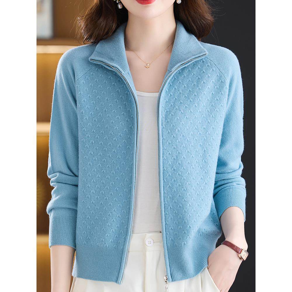 洋气中年妈妈100%纯羊绒毛衣女拉炼开衫秋冬翻领针织衫外套女上衣,淘宝优惠券,粉丝福利购,淘宝优惠卷