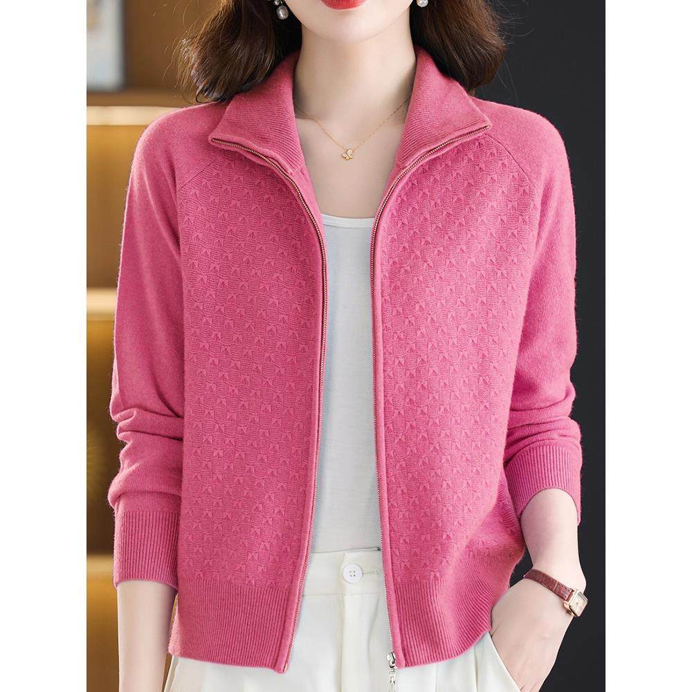 洋气中年妈妈100%纯羊绒毛衣女拉炼开衫秋冬翻领针织衫外套女上衣,淘宝优惠券,粉丝福利购,淘宝优惠卷