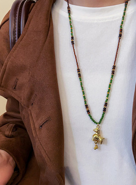 玻璃串珠小马褶皱虎眼石项链小众设计感毛衣链轻奢高级感项饰批发