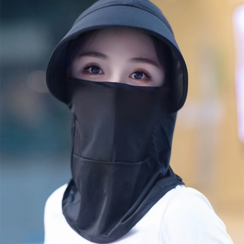 防晒遮阳帽子夏季户外骑车冰丝网眼太阳帽围脖护颈遮脸大帽檐面罩 - 图1