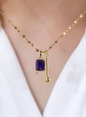 紫色方形水晶几何方块项链