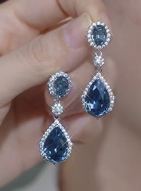 欧美复古蓝色水滴锆石耳环