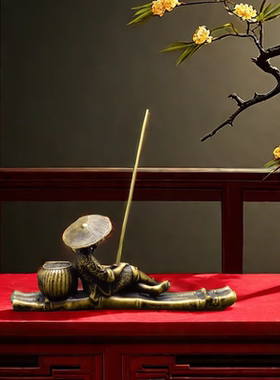 纯黄铜姜太公钓鱼复古创意摆件