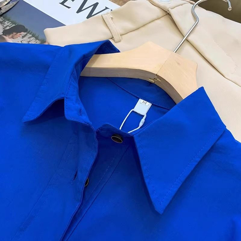 休闲风深蓝色长袖衬衫女宽松POLO领通勤穿搭高级感时尚上衣薄外套,淘宝优惠券,粉丝福利购,淘宝优惠卷