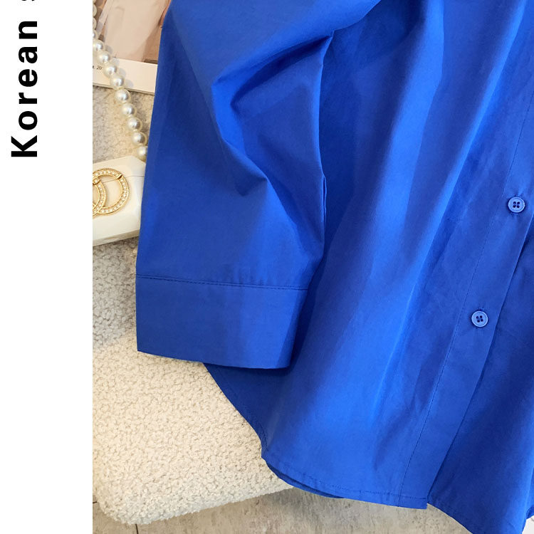 秋冬克莱因蓝色长袖衬衫女别致宝蓝色小清新气质时尚优雅休闲衬衣