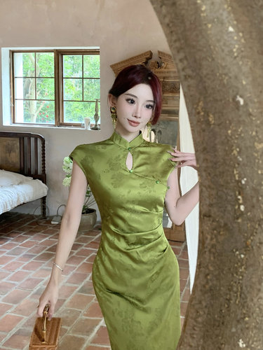 Mimo dk【盛夏】新中式绿色提花显瘦显白旗袍国风长款连衣裙女夏 - 图0