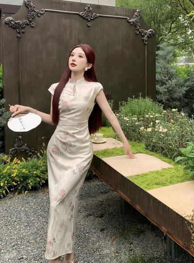 Mimo dk新中式缎面提花改良旗袍年轻显瘦显白开叉连衣裙女夏长裙