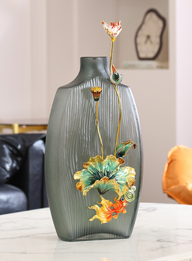 中式古典玻璃花瓶摆件客厅装饰品荷花金鱼刺绣工艺品家居