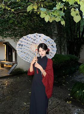 春秋季新中式酒红色旗袍披肩女外搭针织绍兴苏州古镇旅游拍照穿搭