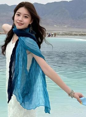 废土风川西旅游棉麻围巾女西北沙漠褶皱复古文艺薄款蓝色丝巾披肩