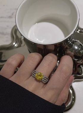 冷淡风ins轻奢黄钻戒指女 开口小众设计甜美礼物百搭个性重工时尚