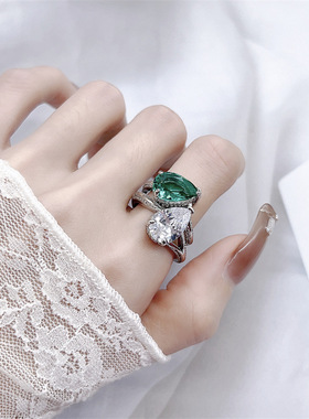 高订彩宝祖母绿戒指女叠戴食指戒开口可拆卸百搭气质时尚个性网红