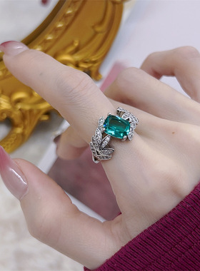 欧美复古中古祖母绿轻奢戒指女开口指环百搭抖音直播网红闺蜜