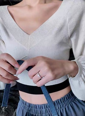 闪钻交错戒指女素圈小众设计时尚指环个性网红开口戒简约百搭手饰