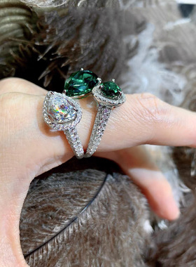 璀璨高级感ins祖母绿孔雀绿锆石钻石戒指女开口可调节轻奢冷淡风