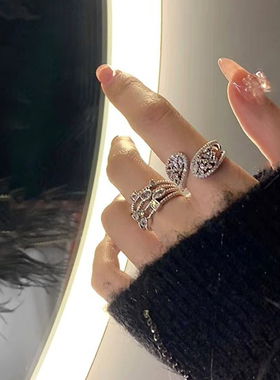 新品冷淡风套装戒指女ins 满钻轻奢小众设计高级感时尚个性食指戒