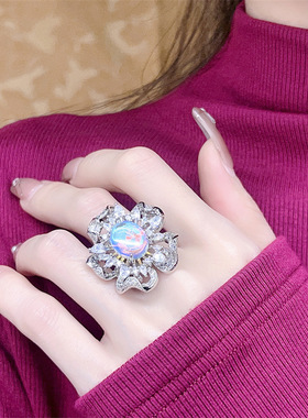 精致花瓣戒指女可调节幻彩锆石彩宝百搭网红闺蜜礼物小红书