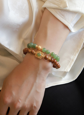 吉盟珠宝古法银和田玉手串女款双圈设计库克佛珠手链国潮新中式