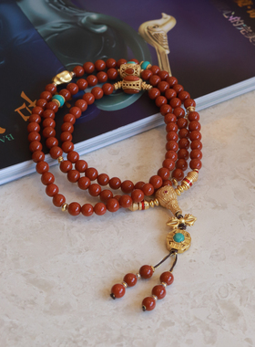 吉盟珠宝古法银南红玛瑙项链坠女藏式文玩美松毛衣链新中式国潮