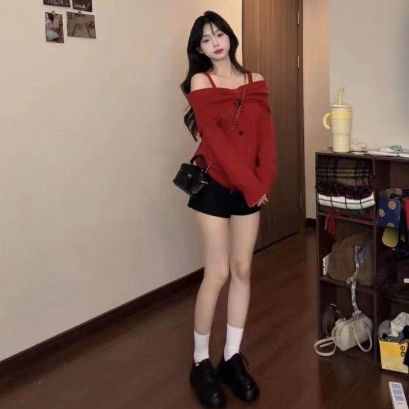 微胖MM红色针织衫女2025冬新款慵懒风露肩气质高级感长袖套头毛衣,淘宝优惠券,粉丝福利购,淘宝优惠卷