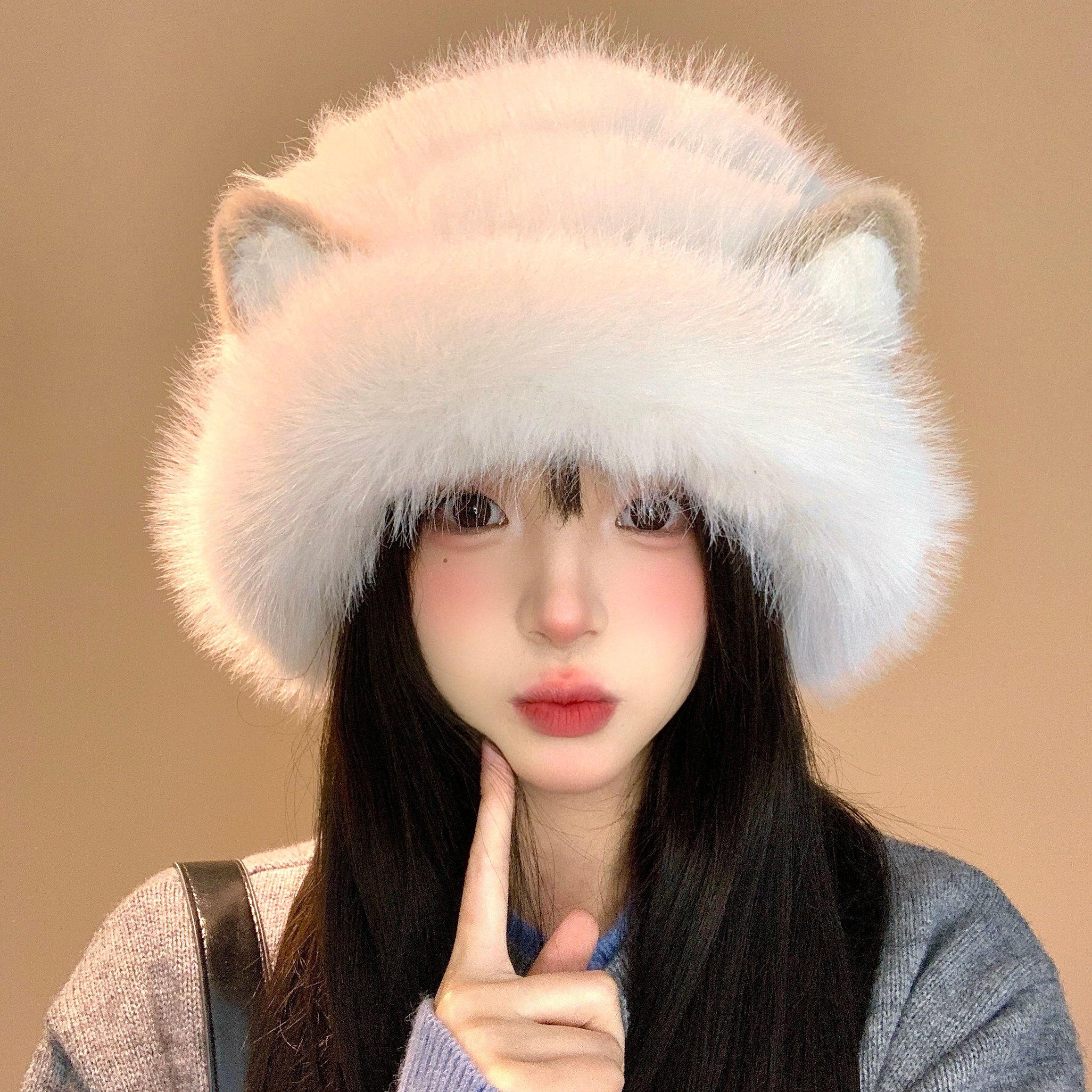 可爱毛绒猫咪耳朵渔夫帽女冬季2025新款防寒保暖帽子大头围盆帽,淘宝优惠券,粉丝福利购,淘宝优惠卷