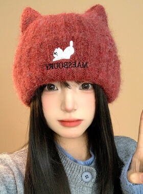红色大头围可爱猫耳朵毛线帽子女